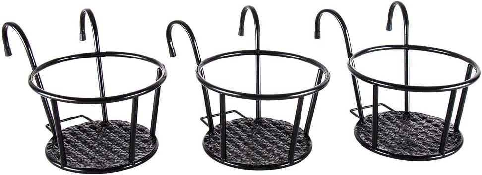 HowRU Iron Art Hanging Baskets Flower Pot Holder - Over The Rail Metal Fence Planters - Pack of 3 - Black