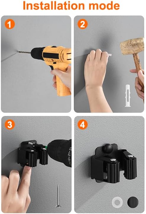 AKOAK Broom and Mop Rack Holder, Wall Storage Organizer, Screw Mount, Garden Tool Organizer Stainless Steel Mop Rack, Home, Kitchen, Bathroom, Garden, Garage Storage (12 PCS, Black)