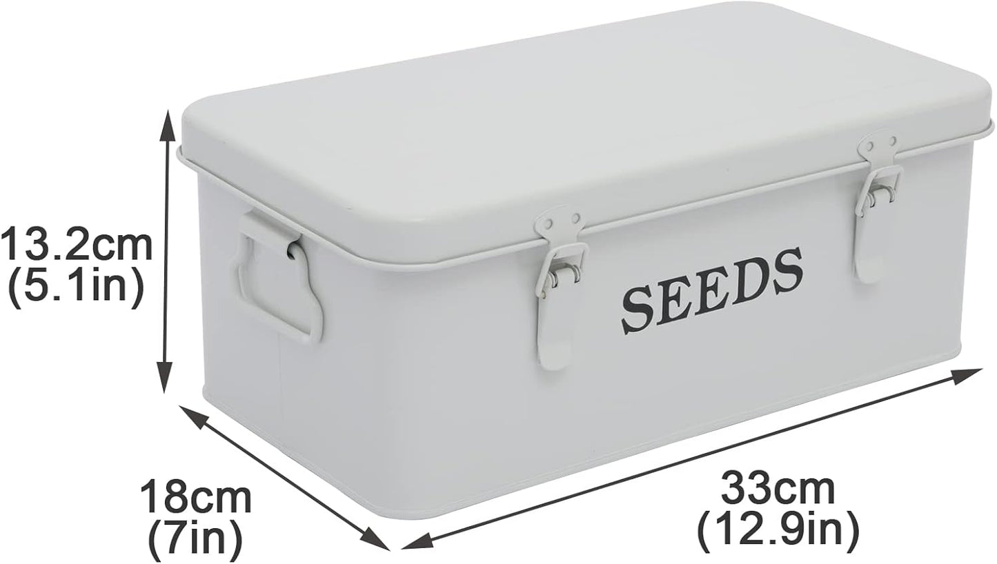 Seed Saving Box, Metal Seed Bin, Seed Storage Organizer, Seed Packet Container with Lid, Seed Envelope Storage Box, 4 Compartments Garden Seed Bin with Safety Locks-White