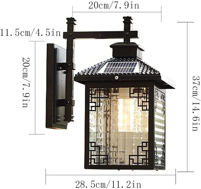 Outdoor Solar Villa Garden Wall Lamp E27 Led Waterproof Lantern Chinese Countryside Lights Vintage Sconce(Black)