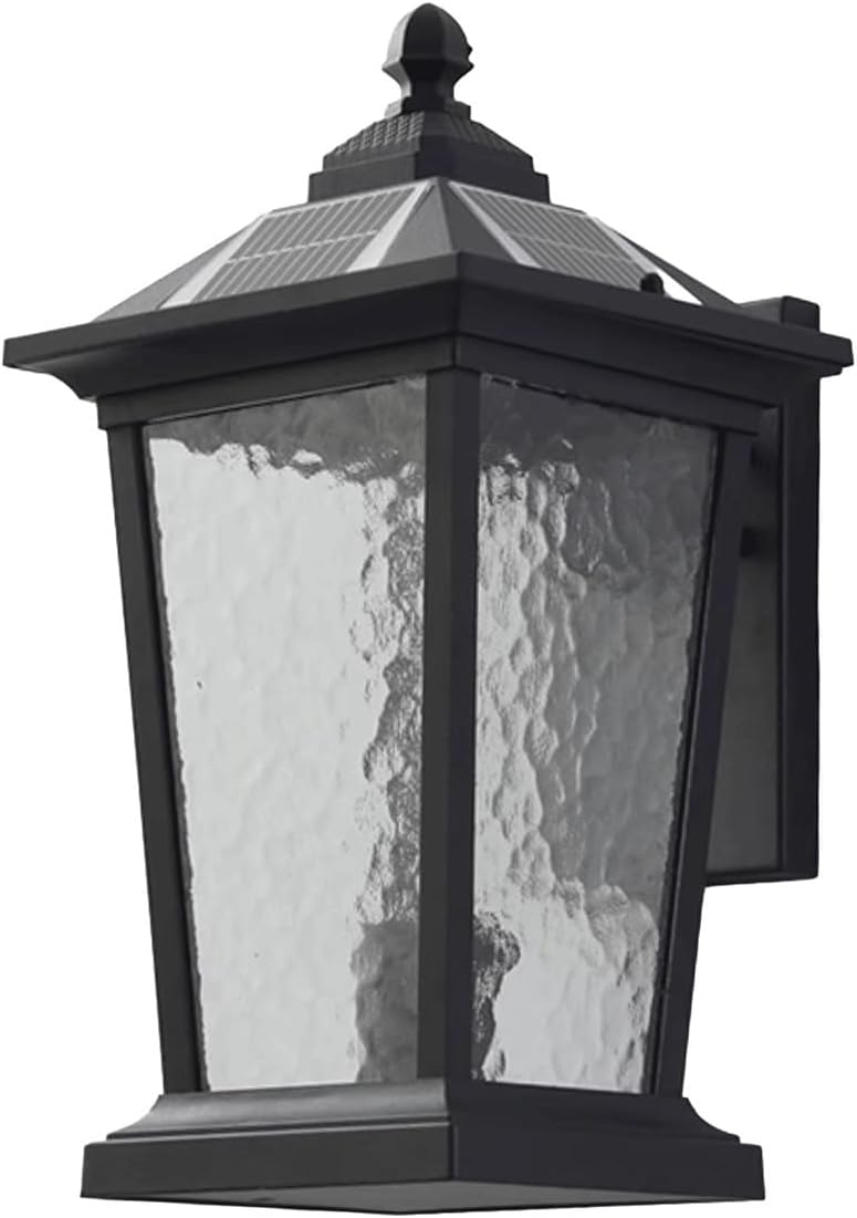 Solar Wall Sconce, Exterior Wall Lantern, Wall Light, Dusk to Dawn with Remote, Black Aluminum and Ripple Glass for Porch Patio Garden Garage Yard Fence Villa Entryway Gate Cottage