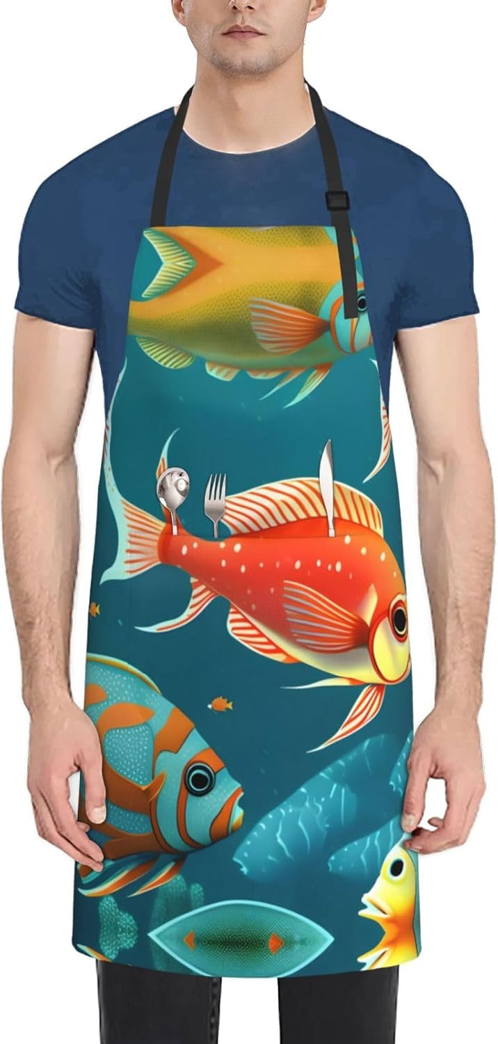 Ocean Underwater Fish Print Laundry apron 28x33 In Waterproof Kitchen Apron with Pockets for Cooking Baking