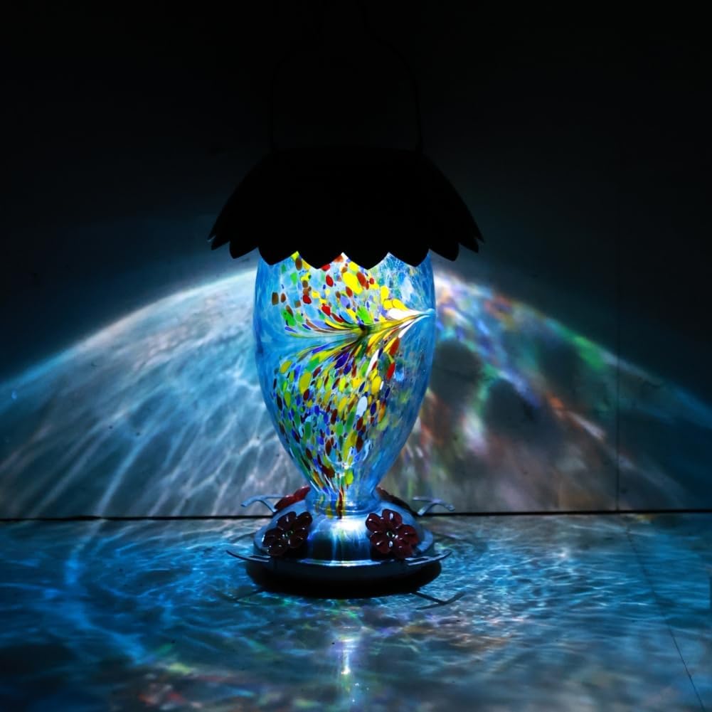 Solar Hummingbird Feeder for Outdoors Hanging Colorful Lighting 32 Oz Hand Blown Glass Hummingbird Feeder for Garden Decoration with Accessories (Blue)