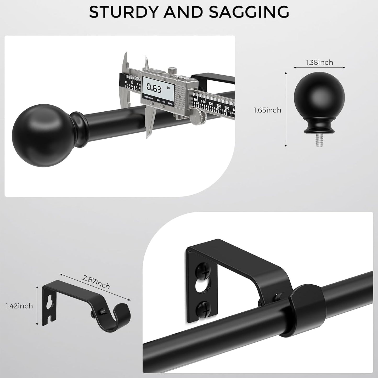 Curtain Rod for Windows 18-45 Inch, Black 5/8 Inch Small Window Treatment Rods, Short Adjustable Splicing Drapery pole, Matte Black