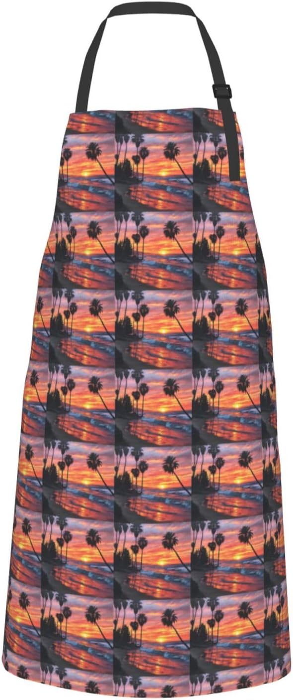 YANYU Palm Tree Sunset Print 28x33 In Kitchen Apron Stylish Chef Apron with Pockets for Cooking Baking Painting