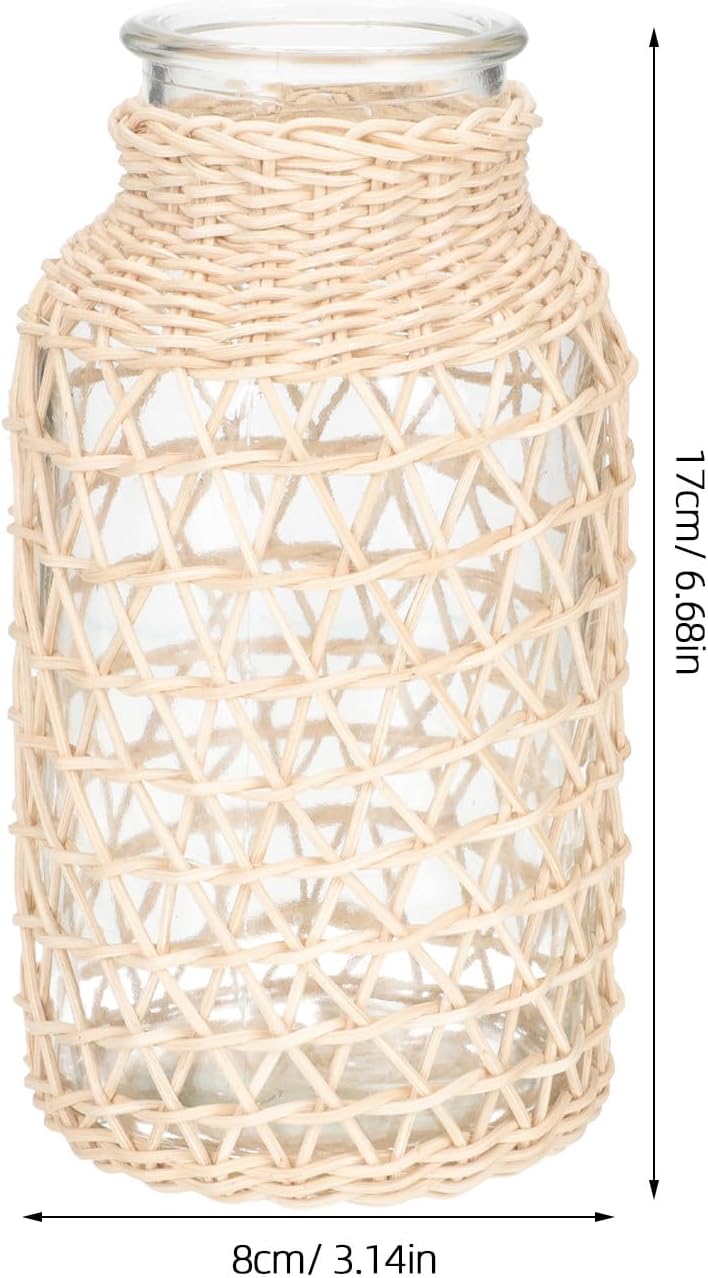 Milisten Creative Rattan Flower Vase Small Triangle Shape Indonesian White Vine Glass Plants Container Decorative Planter Pot for Living Room Boho Home Décor
