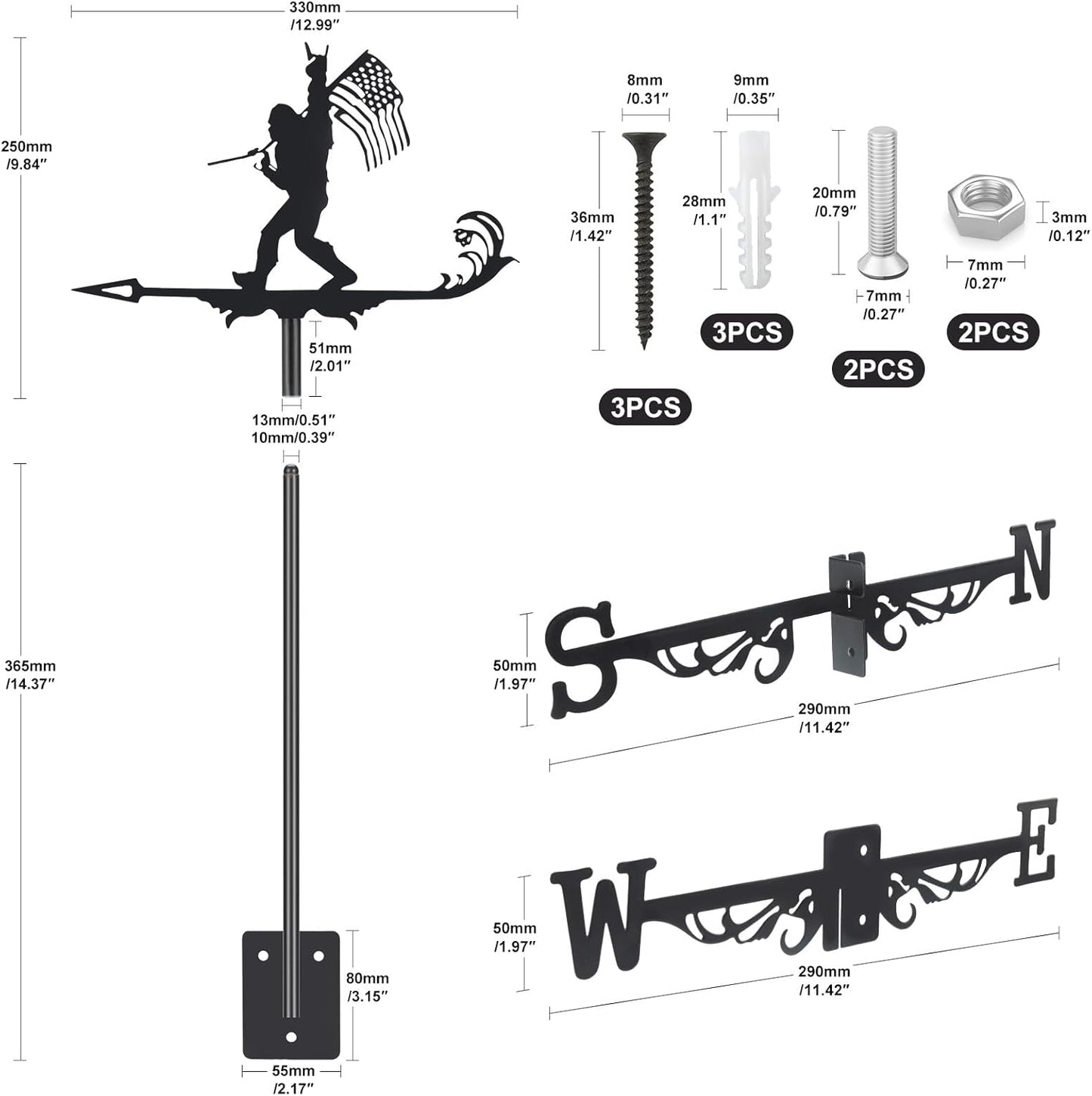Metal Weather vanes, Black Metal Wind Direction Indicator Garden Decoration for Garden Farmhouse Chicken Coop Shed Outdoor Wind Measuring Tool Wind Direction Weathervanes(Bigfoot)