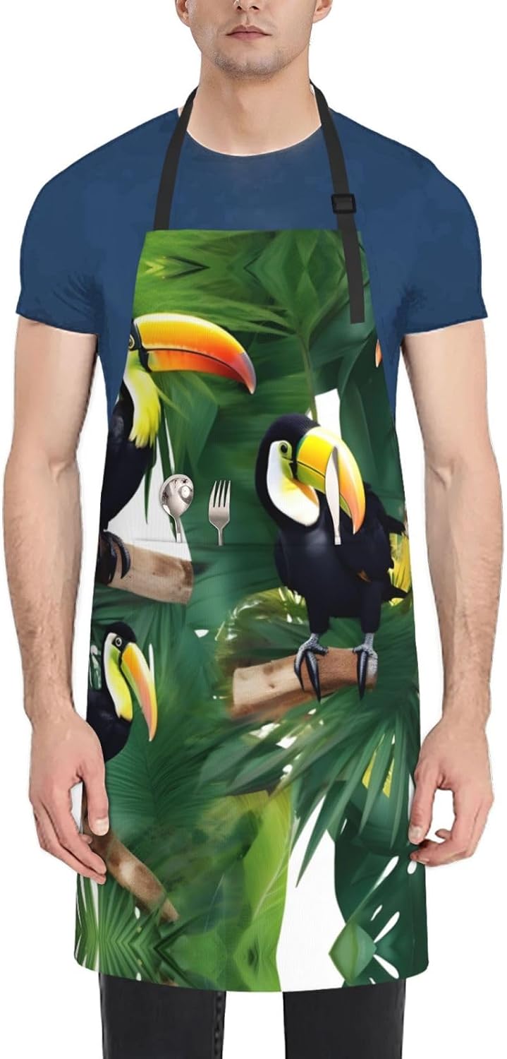 Toucans Parrot palm tree leaves Print Laundry apron 28x33 In Waterproof Kitchen Apron with Pockets for Cooking Baking