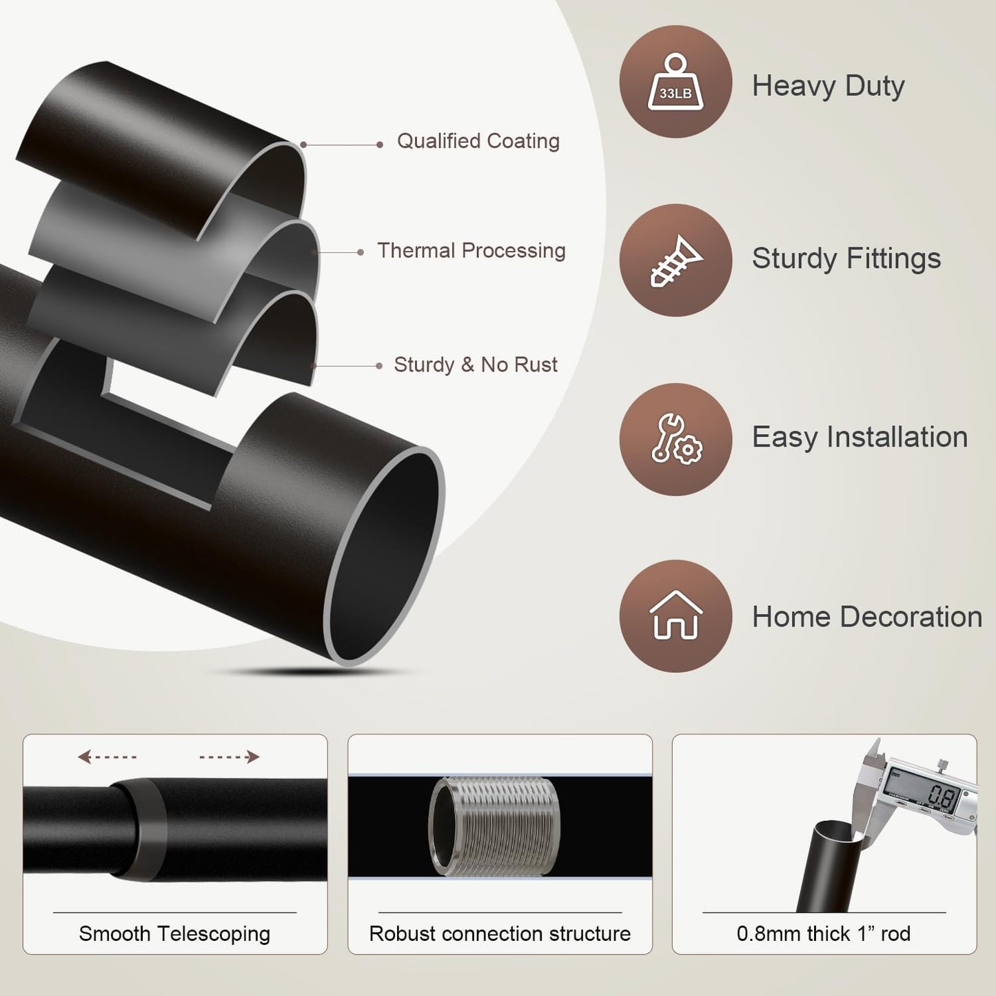 Black Curtain Rods for Windows 48 to 84 Inches Adjustable Heavy Duty 1" Diameter Window Curtain Rod with Decorative Finials for Outdoor Farmhouse Bedroom Kitchen Living Room