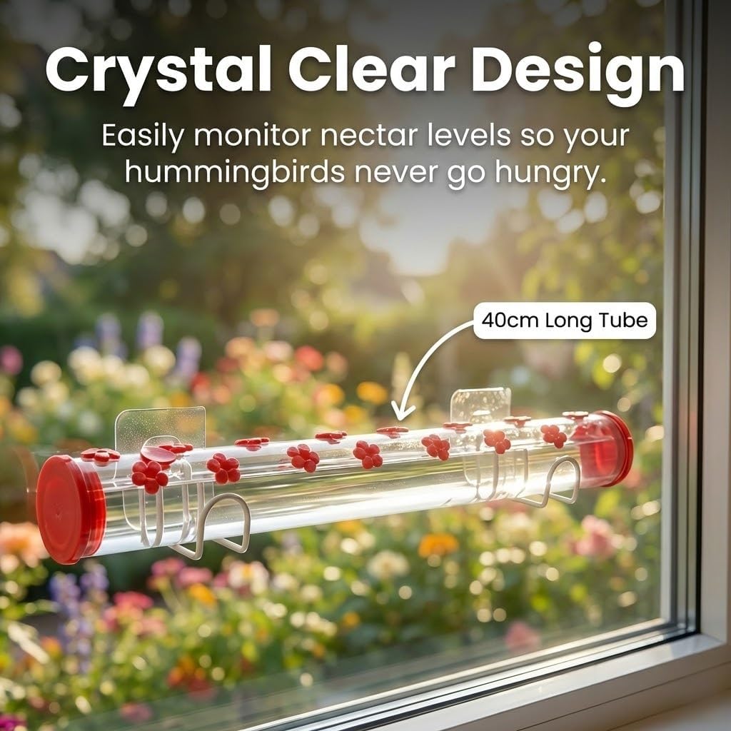Window Hummingbird Feeder Clear Acrylic Tube with Flower Feeding Ports Multiple Hole Removable Suction Cup Mount for Wild Bird