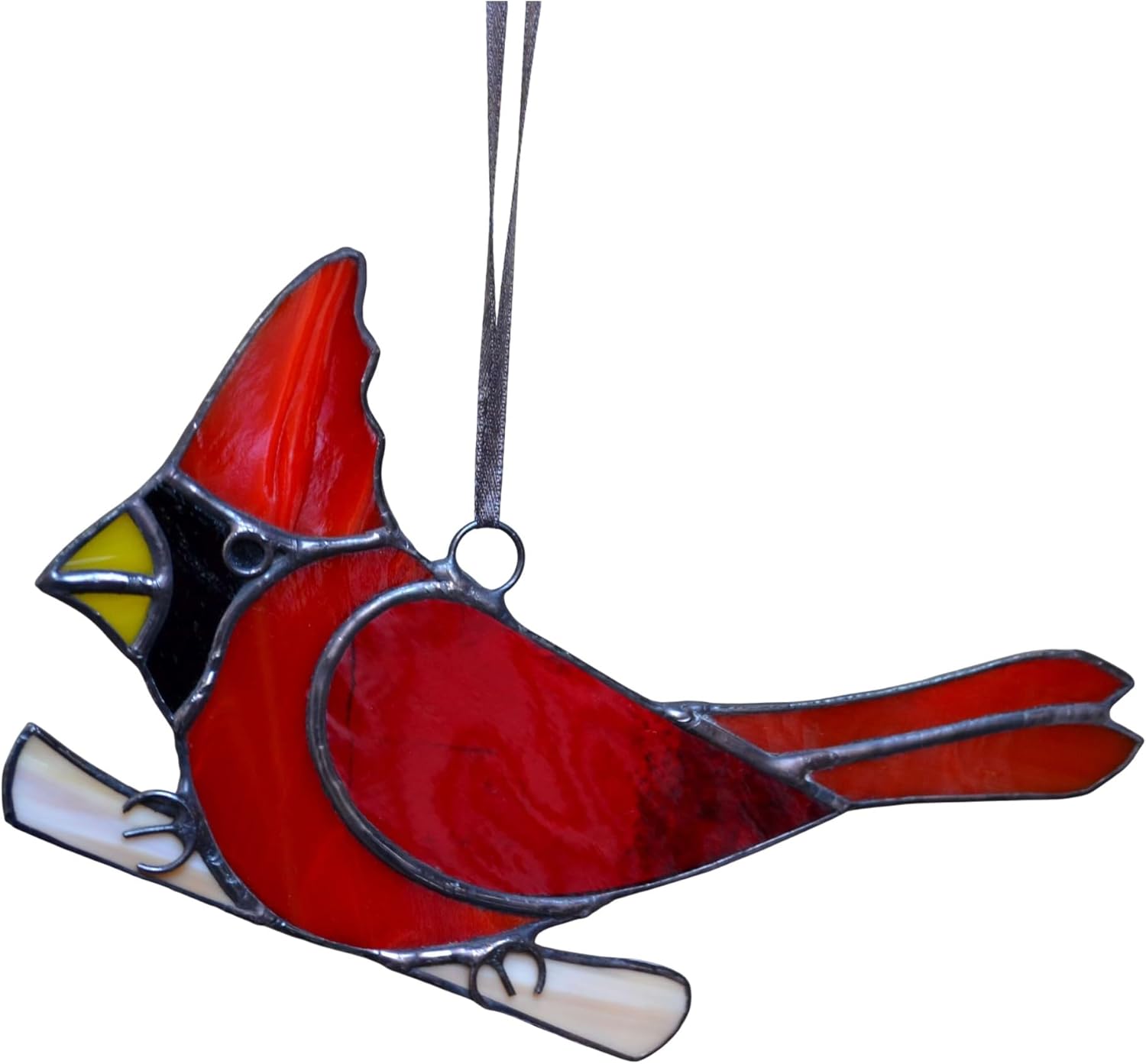 Stained Glass Red Cardinal Perched on Branch Suncatcher for Window Han