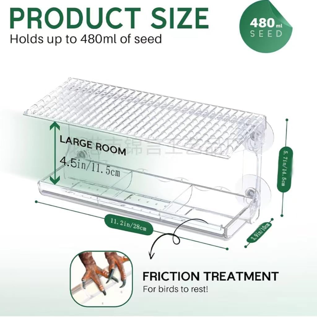 Window Bird Feeder for Outdoors with Large Feeding Trays, Clear Window Mounted Bird House with Strong Suction Cups, Weatherproof Watching Station for Garden
