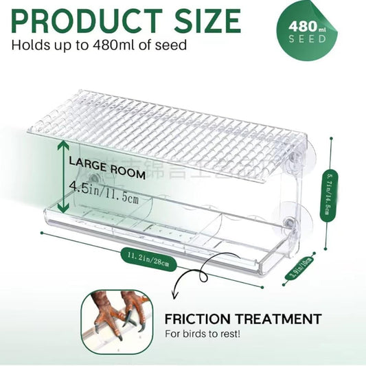 Window Bird Feeder for Outdoors with Large Feeding Trays, Clear Window Mounted Bird House with Strong Suction Cups, Weatherproof Watching Station for Garden