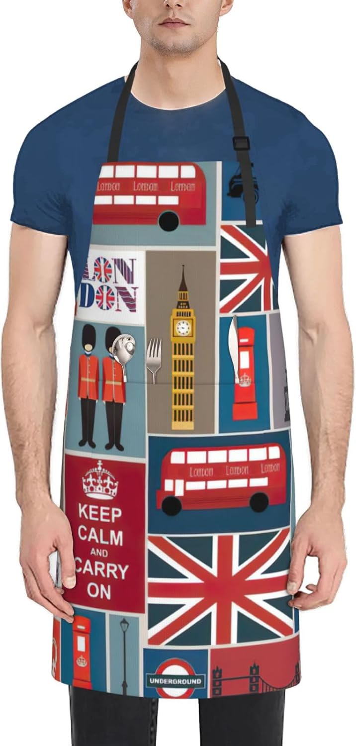 England Symbols Print 28x33 In Adult Kitchen Apron with Pockets Versatile Chef Smock for Cooking Baking