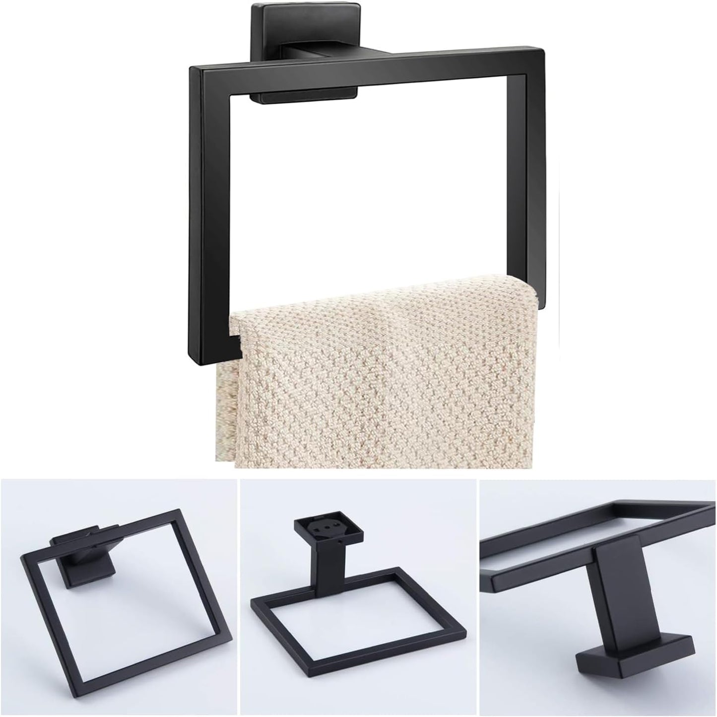 Towel Ring - Thicken SUS 304 Stainless Steel Towel Holder, Towel Racks for Bathroom, Square Modern Design Hand Towel Holder, Contemporary Hand Towel Bar - Matte Black