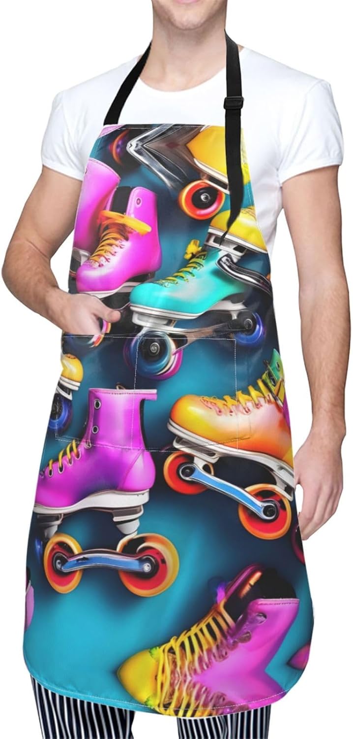 Colorful Roller Skates Print Laundry apron 28x33 In Waterproof Kitchen Apron with Pockets for Cooking Baking