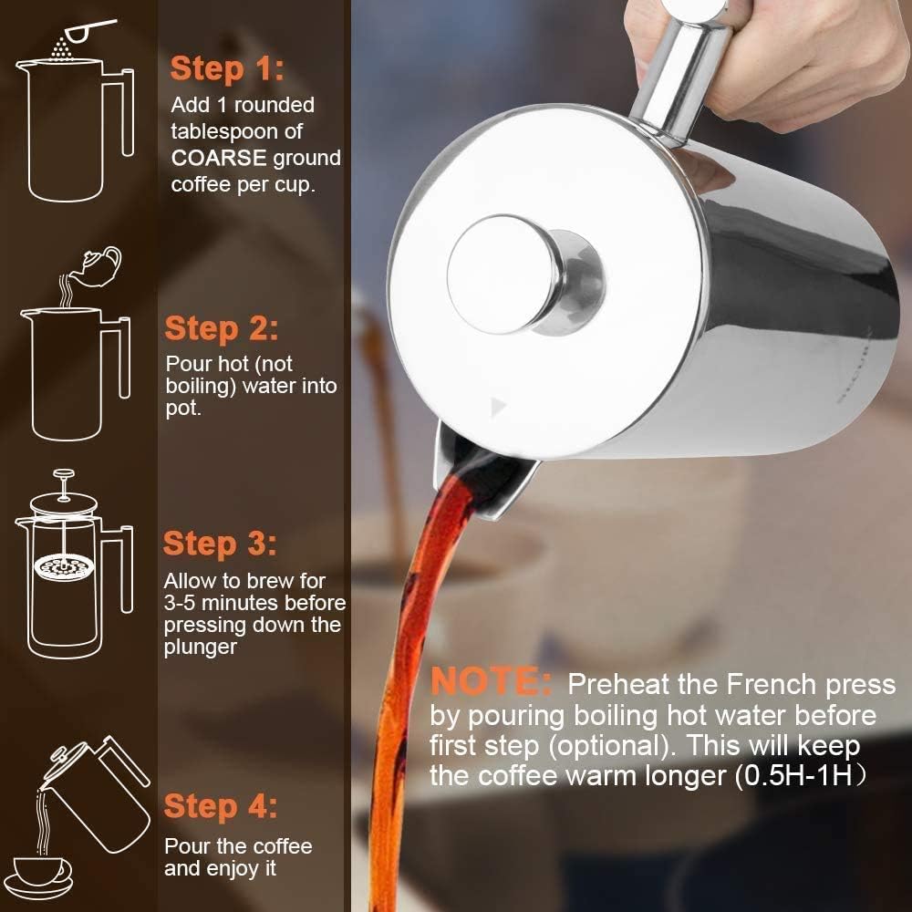 Secura French Press Coffee Maker, 304 Grade Stainless Steel Insulated 