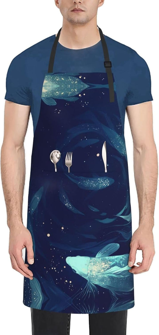 Fish pattern print Waterproof apron with pocket adjustable cooking apron for adult kitchen bibs to bake