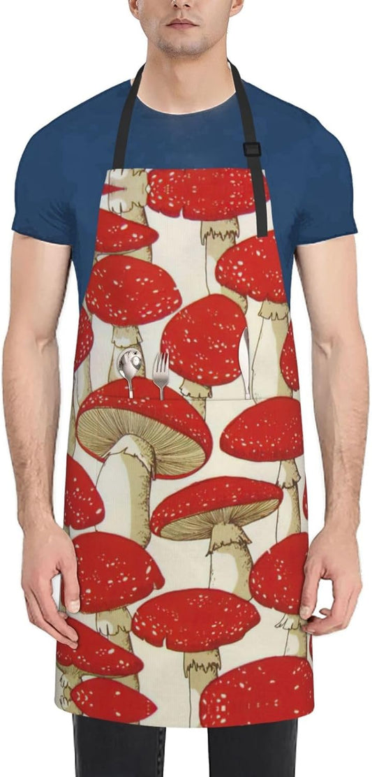 Red White Mushroom Print Laundry apron 28x33 In Waterproof Kitchen Apr