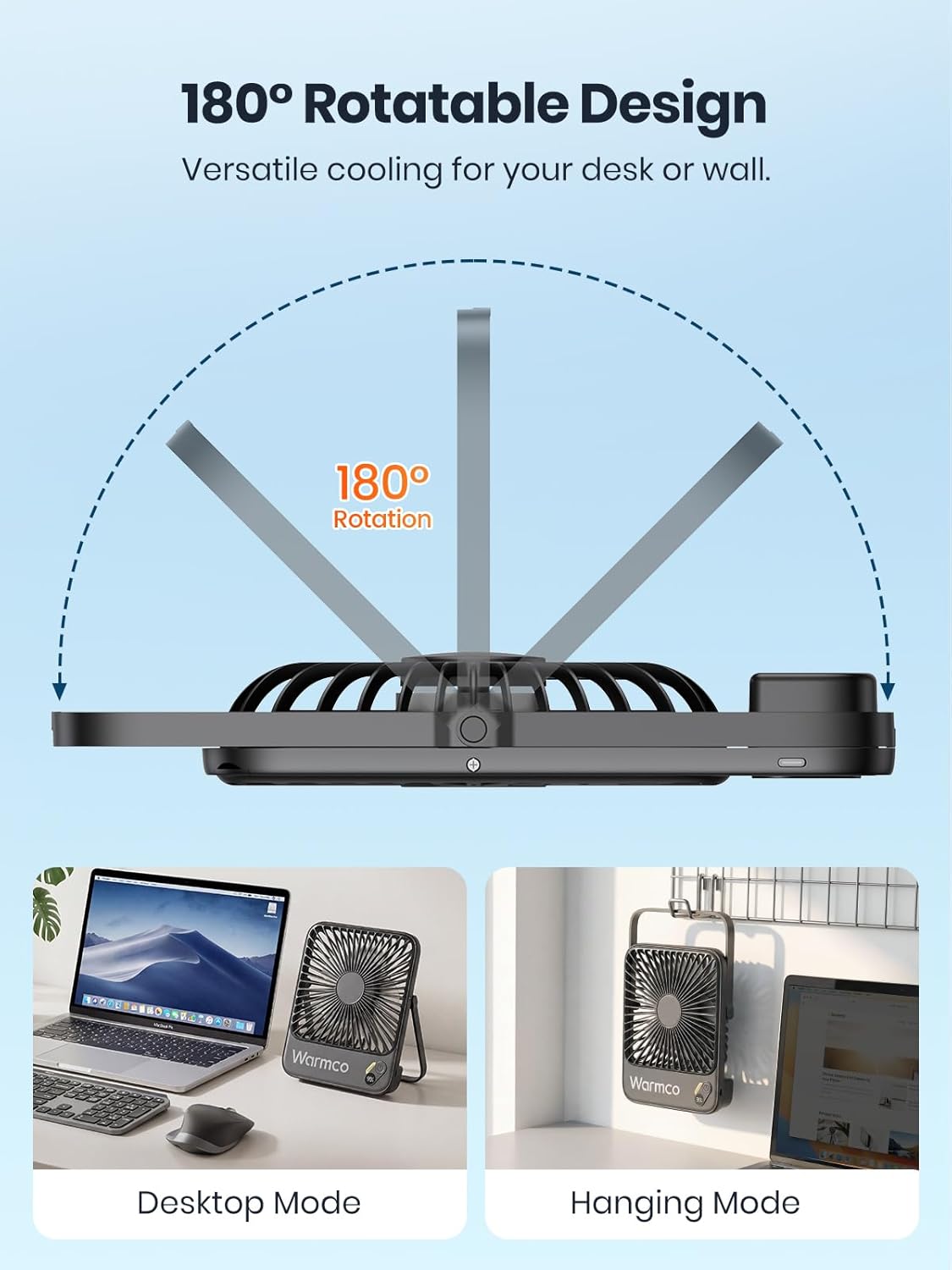 Warmco 10000mAh Portable Travel Fan 7-inch, Max 24H Runtime, Ultra-thin Quiet Rechargeable Battery Operated Desk Fan with Digital Display for Camping, Office, Bedroom, Cruise Essentials