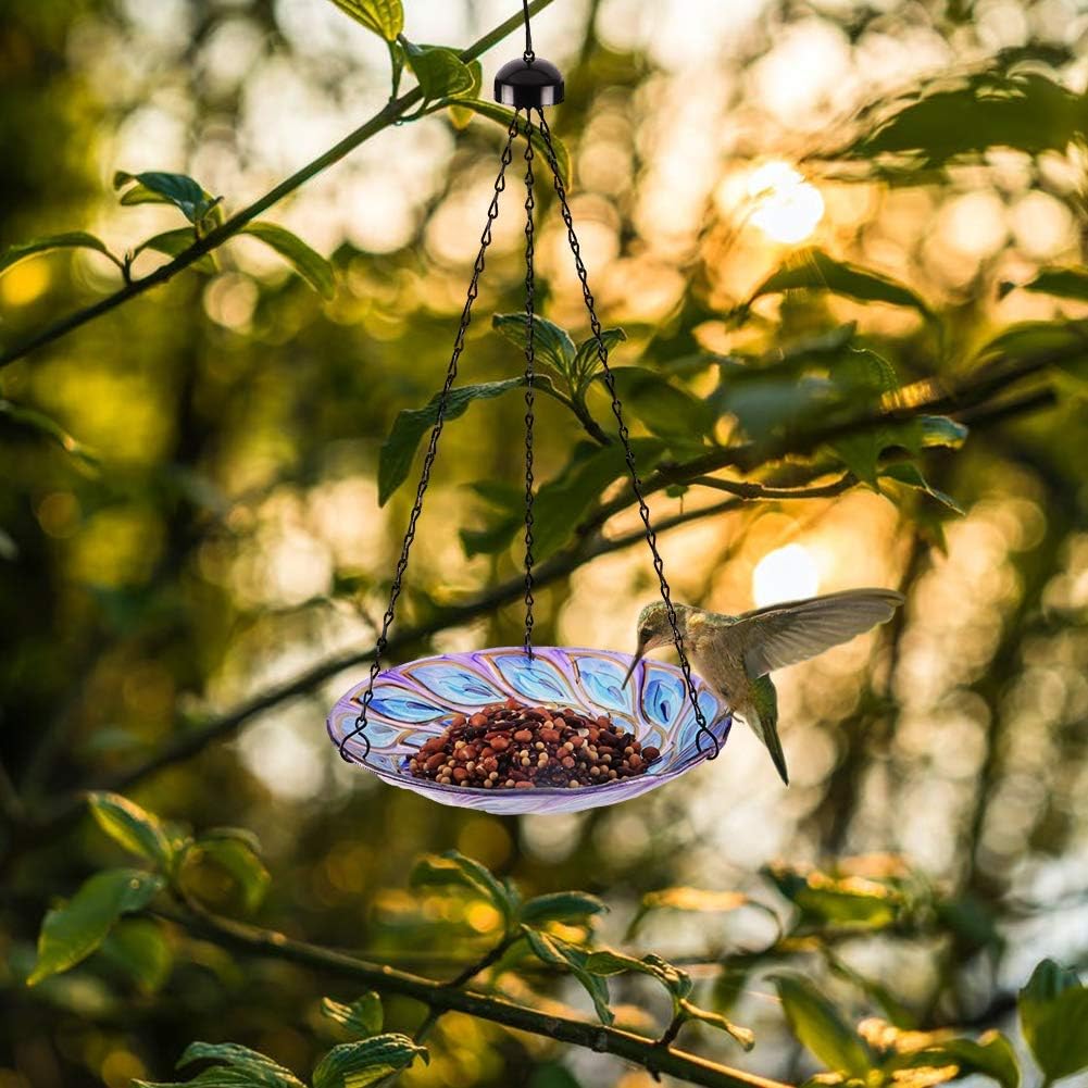 VCUTEKA Hanging Bird Baths Outdoor Glass Peacock Birdbath Birdfeeder f