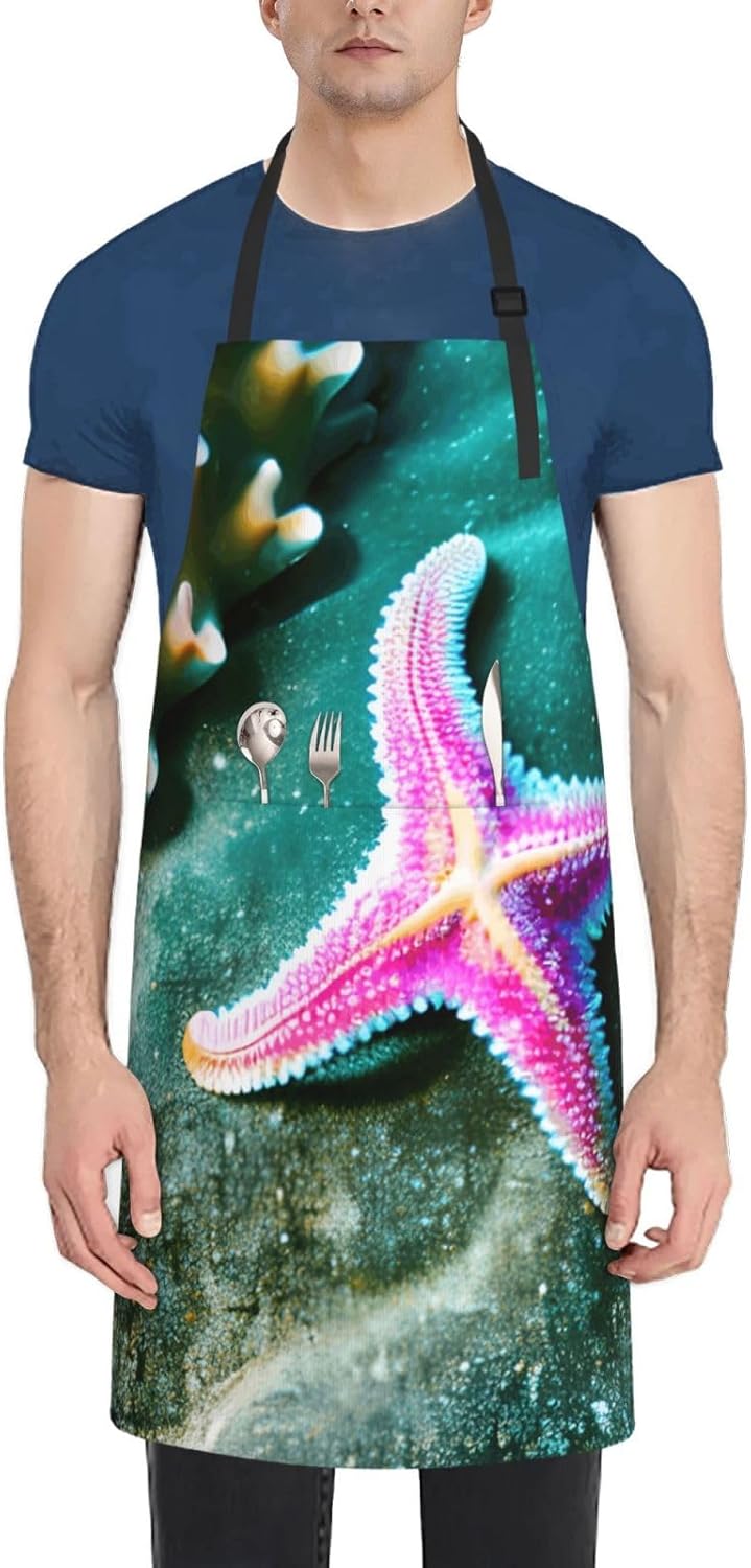 YANYU Sea Starfish Print 28x33 In Kitchen Apron Stylish Chef Apron with Pockets for Cooking Baking Painting