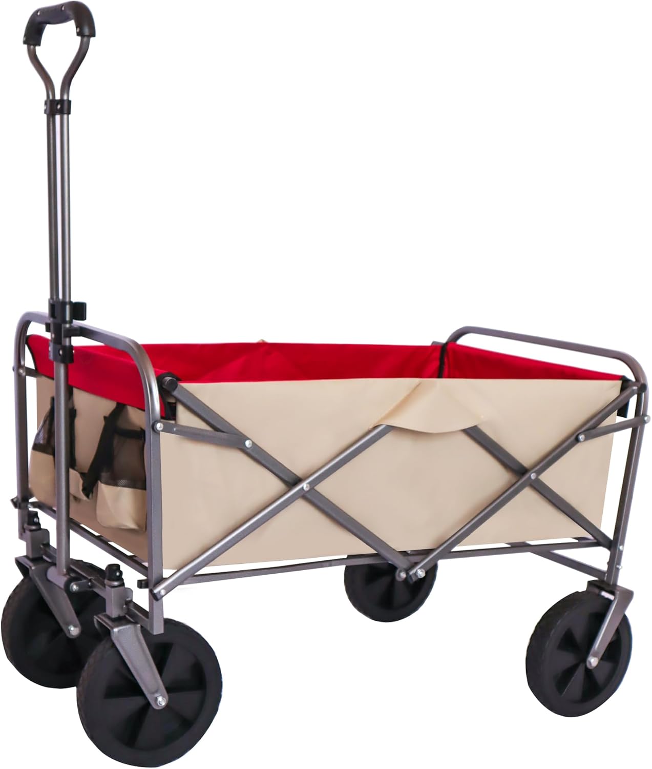 Folding Wagon Cart Beach Wagon Utility Wagon Cart Outdoor Heavy Duty Garden Portable Hand Cart with All-Terrain Wheels & Adjustable Handle (White+Red)