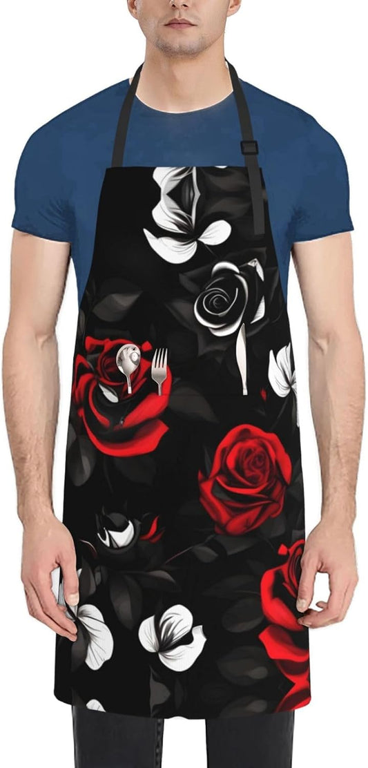 Black White and Red Roses Print Laundry apron 28x33 In Waterproof Kitchen Apron with Pockets for Cooking Baking