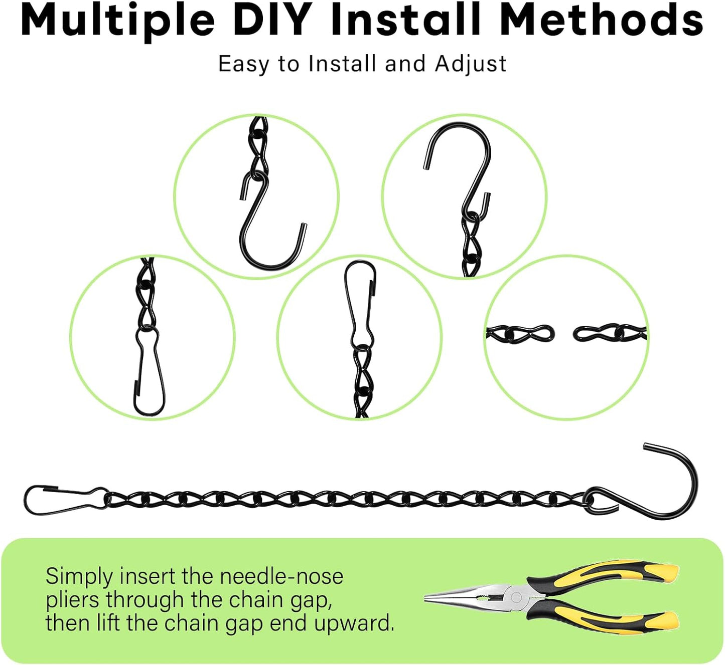 Upgraded 180”Heavy Duty Metal Hanging Chains with Hanging Basket Hooks Set for Planters,Birdcage,Birds Feeder,Grow Lights,Lanterns,Billboards,Wind Chime and Ornaments,Chain Hooks DIY,Black