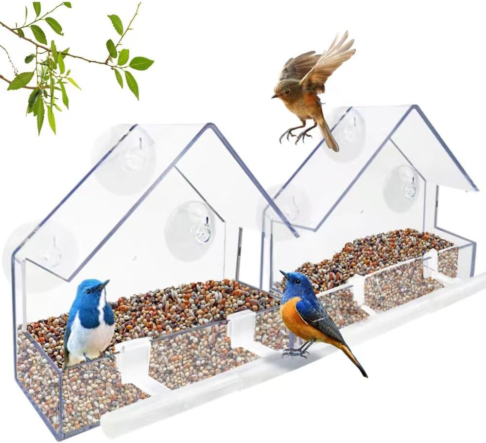 Window Bird Feeder 2 Pack, Bird House for Outside with 2 Rod, Small Acrylic Window Bird Feeder with Strong Suction Cups and Drain Holes 5.9 * 2.4 * 5.9 inch