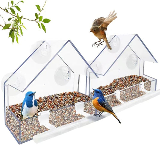 Window Bird Feeder 2 Pack, Bird House for Outside with 2 Rod, Small Acrylic Window Bird Feeder with Strong Suction Cups and Drain Holes 5.9 * 2.4 * 5.9 inch