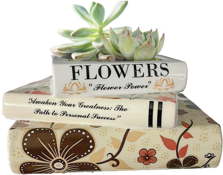 MyGoal Decorative Book Vase – Ceramic Flower Pot with Drainage Hole, Multicolor Tower Design, Small Size for Table, Desk, Shelf, Gift for Book Lovers