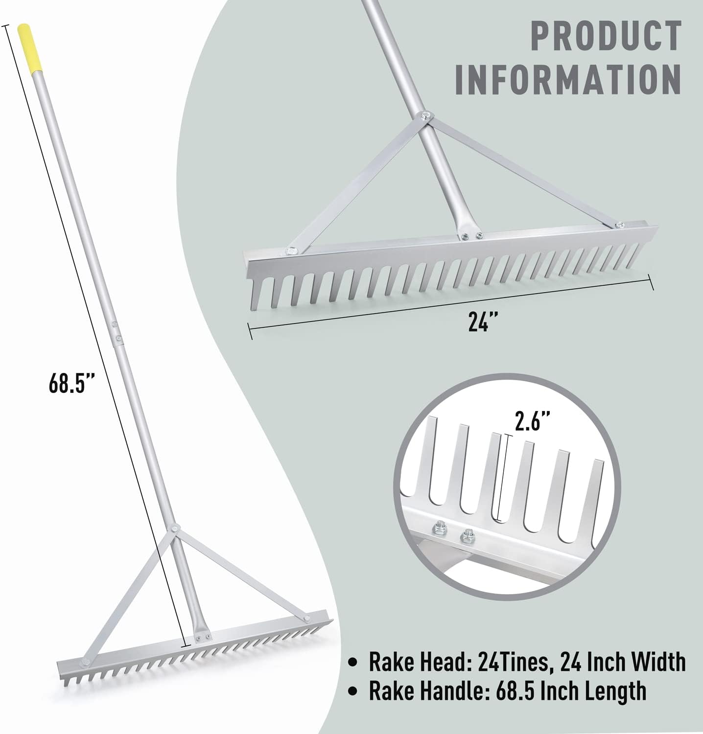Colwelt Landscape Rake - 24Tines, Aluminum Head with 68" Handle, 24" W