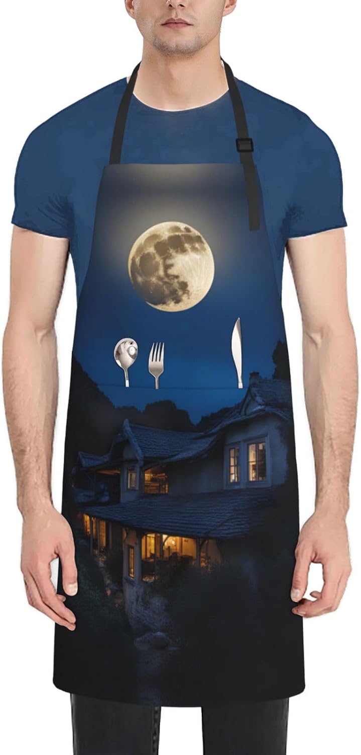 Full Moon in Night print Waterproof chef's apron with pocket apron for kitchen cooking baking barbecue and gardening