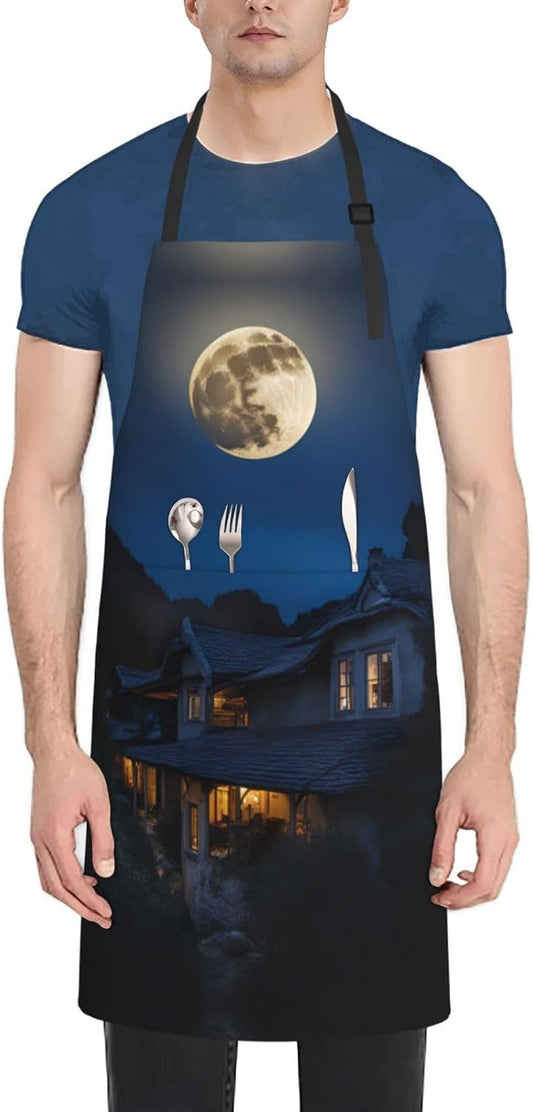 Full Moon in Night print Waterproof chef's apron with pocket apron for kitchen cooking baking barbecue and gardening