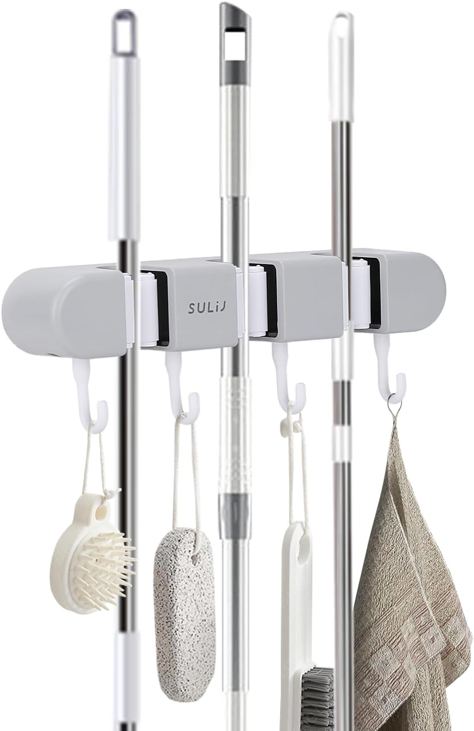 Broom Holder with 3 Slots & 4 Hooks Heavy Duty Garden Tool Organizer Broom Hanger Wall Mount for Home Laundry Room Kitchen Closet Shed Garage Organization and Storage - Grey