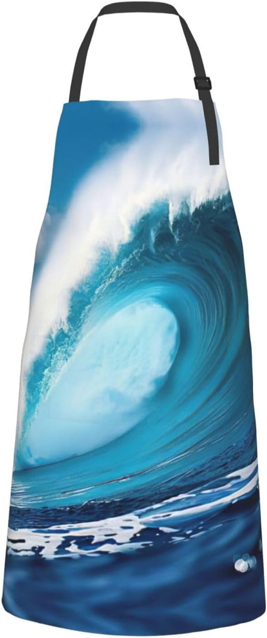 Big Ocean Wave HD print Waterproof chef's apron with pocket apron for kitchen cooking baking barbecue and gardening