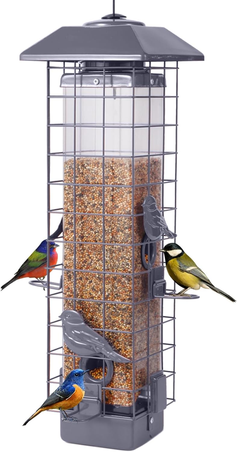 Squirrel Proof Bird Feeder, Metal Mesh Bird Feeder for Outside, Large Capacity and 4 Ports Perches (Silver Gray)