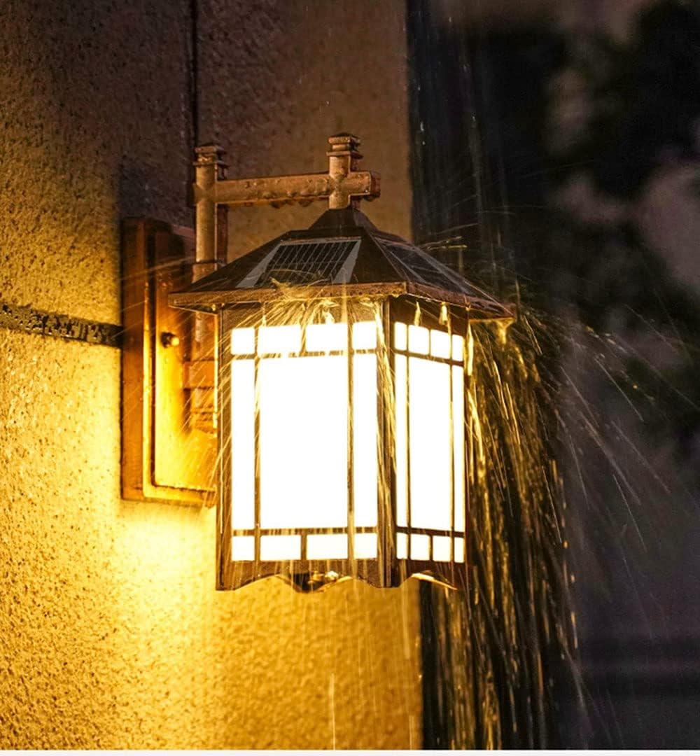 Outdoor Solar Wall Lantern Dimmable Lamp Vintage with Remote Control Lighting Waterproof Aluminum for Garden Sconce(Black)
