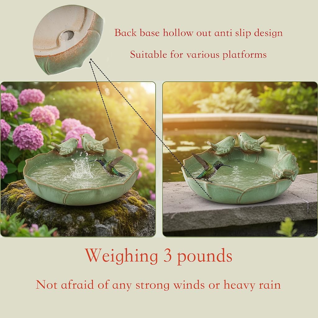 Light Green Ceramic Heavy-Duty Outdoor Garden Wild Bird Bath Bowl/Feeder (Bowl Only)