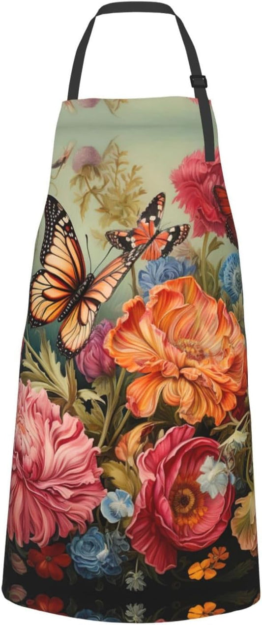 Flowers and Butterfly print Waterproof chef's apron with pocket apron for kitchen cooking baking barbecue and gardening
