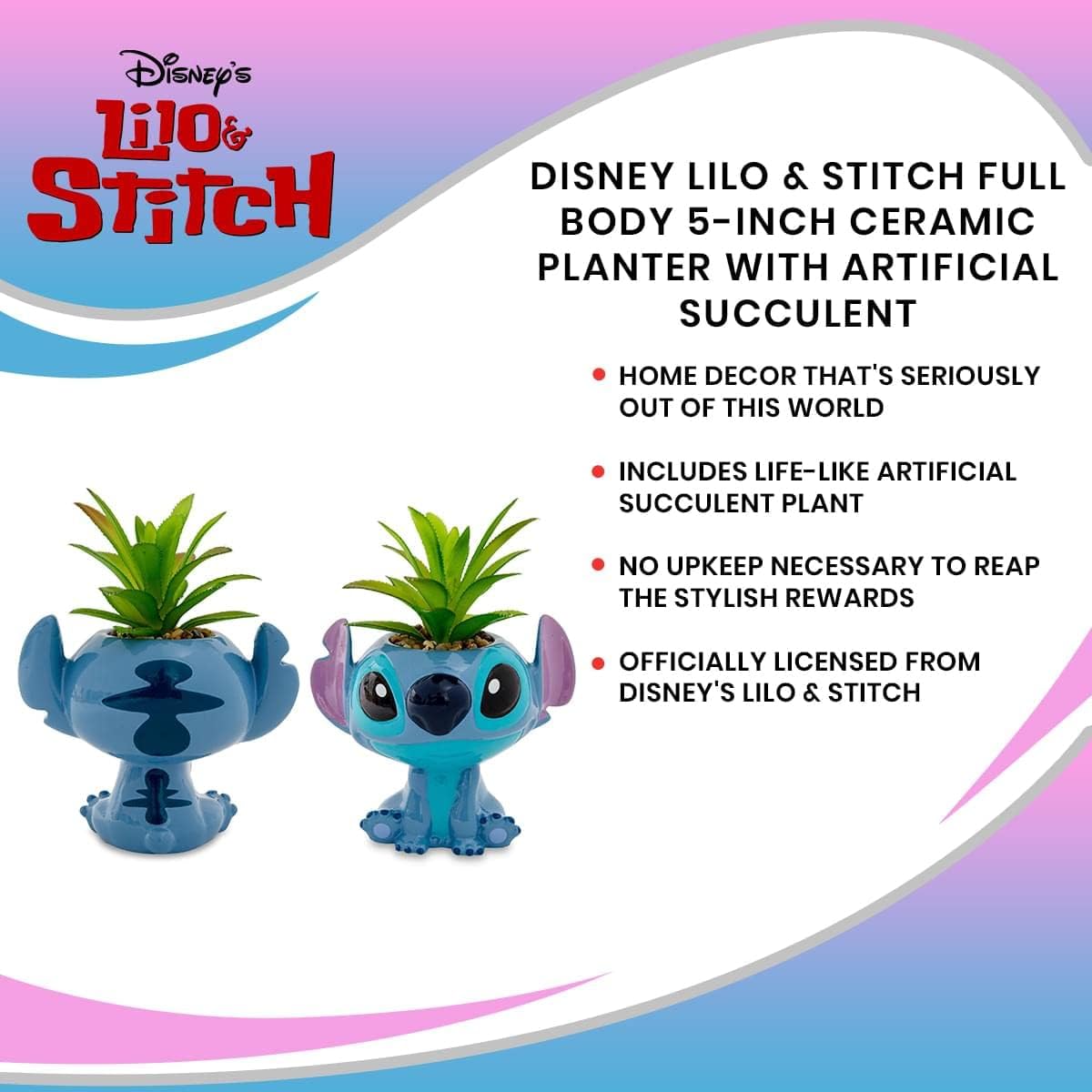 Toynk Disney Lilo & Stitch Full Body 5-Inch Ceramic Planter with Artificial Succulent