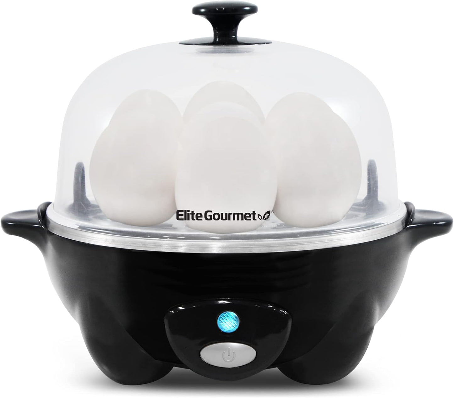 Elite Gourmet EGC-007B# Rapid Egg Cooker, 7 Easy-To-Peel, Hard, Medium, Soft Boiled Eggs, Poacher, Omelet Maker, Auto Shut-Off, Alarm, 16-Recipe Booklet, Black