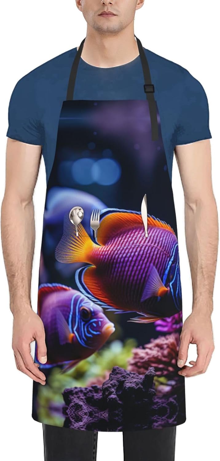 fish aquarium print Waterproof apron with pocket adjustable cooking apron for adult kitchen bibs to bake