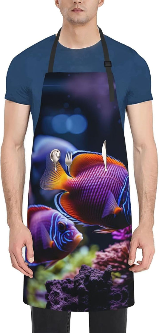 fish aquarium print Waterproof apron with pocket adjustable cooking apron for adult kitchen bibs to bake