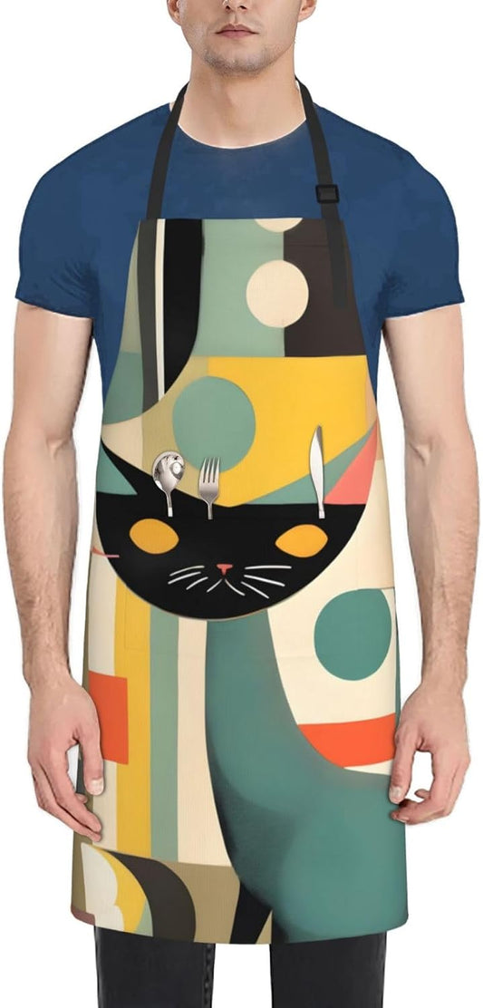 Mid-Century Modern Art Cat print Waterproof apron with pocket adjustable cooking apron for adult kitchen bibs to bake