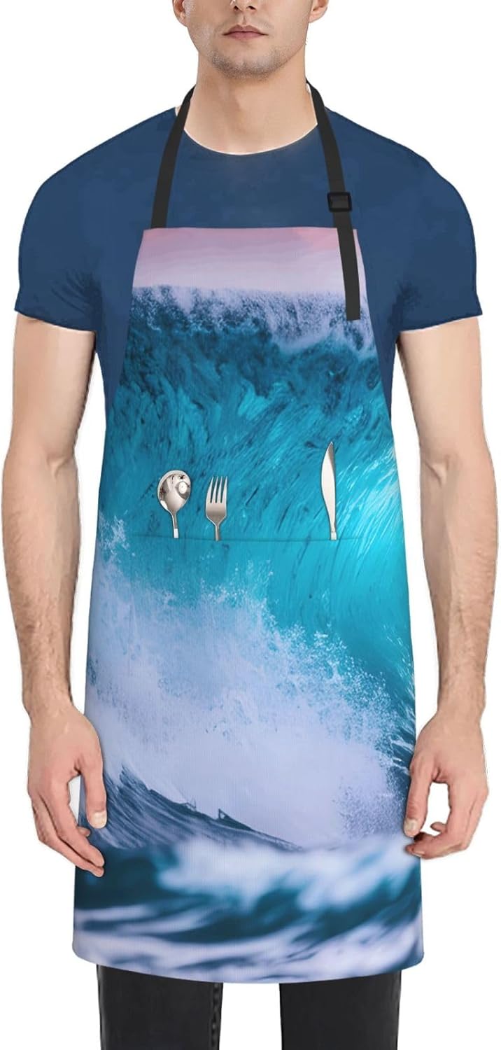 YANYU Blue Ocean Wave Print 28x33 In Kitchen Apron Stylish Chef Apron 