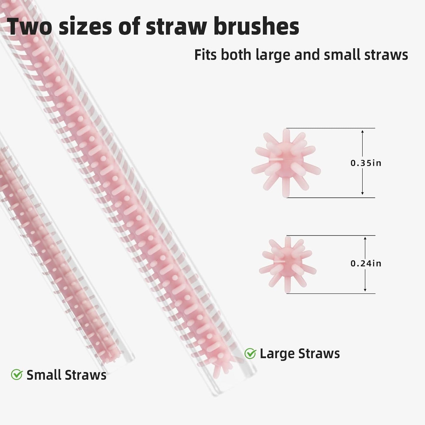 Silicone Straw Cleaner Brush, 4-Piece Reusable Straw Brush Set with Extra-Long Design for Cleaning Thin Metal Straws and Wider Milkshake Straws （6mm+9mm Pink)