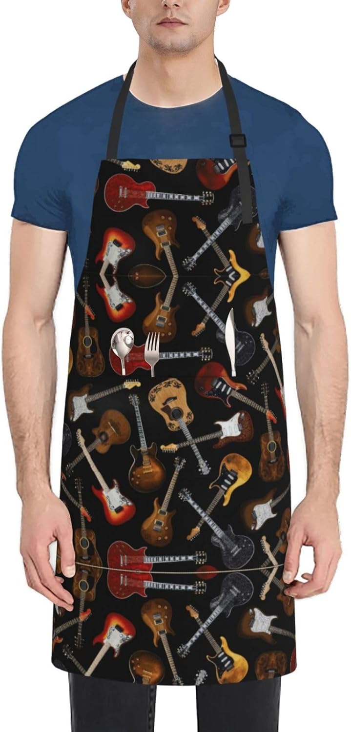 Guitars print Waterproof apron with pocket adjustable cooking apron fo