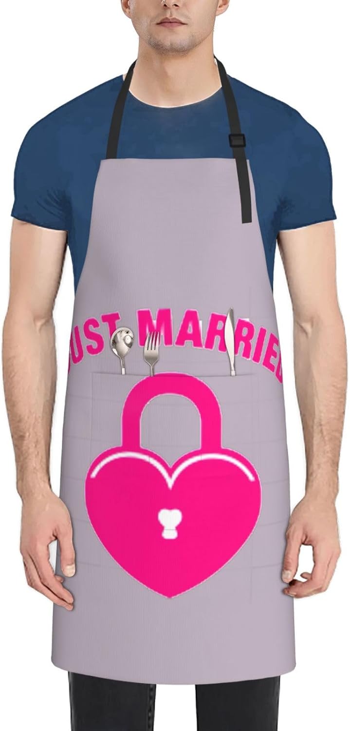 just married Print 28x33 In Adult Kitchen Apron with Pockets Versatile Chef Smock for Cooking Baking